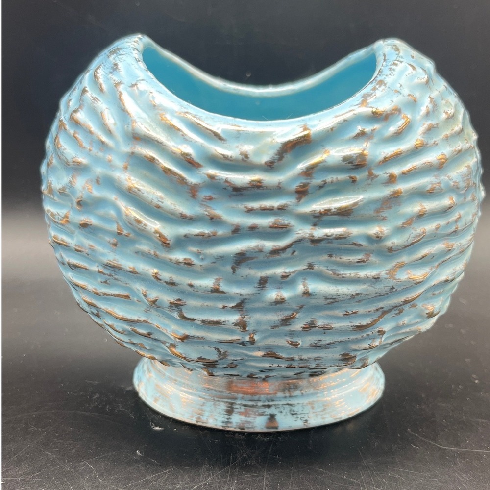Mid Century Modern Pottery Vase Textured Brutalist Curved Blue‎ Gold MCM Decor